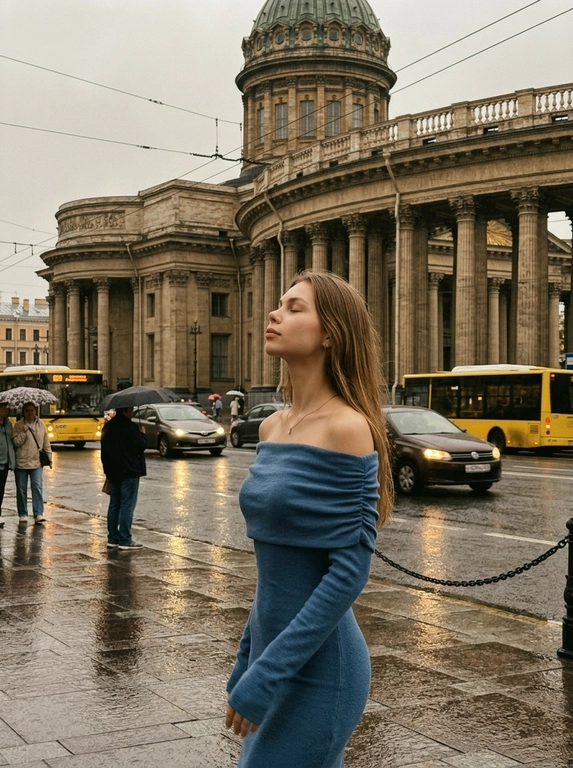 Максимально реалистичная уличная фотография в Санкт-Петербурге после дождя. 

Модель стоит на мокром тротуаре перед Казанским собором. Кадр выглядит как случайная фотография, сделанная прохожим: модель находится чуть правее центра, а собор с куполом и колоннадой крупно заполняет задний план. Над улицей видны провода, по дороге проезжают автомобили, вокруг идут прохожие с зонтами. Мокрый асфальт отражает фары, светлое небо и городские здания.

Поза полностью естественная и спокойная: модель стоит вполоборота к камере, корпус слегка развёрнут в сторону улицы, плечи расслаблены, руки свободно опущены вдоль тела. Голова мягко запрокинута назад и немного повёрнута в профиль. Глаза закрыты, подбородок слегка приподнят, губы расслаблены. Выражение лица спокойное, будто модель на секунду остановилась и почувствовала прохладный воздух после дождя.

Камера расположена примерно на уровне груди модели, съёмка ведётся с небольшого расстояния. Средний план до середины бёдер. Используется умеренно широкий угол, поэтому в кадре одновременно хорошо видны модель, мокрая улица, автомобили, прохожие и архитектура собора. Фон не размывать. Допустима только лёгкая естественная мягкость из-за дождливой погоды и движения городского транспорта.

Освещение пасмурное, ровное и рассеянное, без жёстких теней. Лицо освещено мягко и естественно. На коже сохраняется натуральная текстура с видимыми порами, без ретуши, пластикового эффекта и бьюти-фильтров.

Цветокоррекция приглушённая и плёночная, с преобладанием серо-коричневых, оливковых, бежевых и глубоких бордовых оттенков. Небо светло-серое, камень собора тёплый и немного выцветший, мокрая дорога холодная и графитовая. Мягкий контраст, слегка поднятые чёрные, приглушённые светлые участки, естественная зернистость и лёгкая винтажная фактура.

Снято на iPhone 17 Pro в формате RAW, вертикальный кадр 3:4, документальная городская фотография, случайно пойманный момент, реалистичные пропорции, натуральная перспектива, лёгкое плёночное зерно. Без HDR, без искусственного глянца, без чрезмерной резкости, без кинематографического синего оттенка, без CGI и без AI-эффекта.


Какая будет одежда?: Плотное трикотажное платье глубокого светло-голубого оттенка с открытой линией плеч и мягкой драпировкой в верхней части. Материал слегка повторяет движение корпуса и создаёт выразительный силуэт без лишних деталей.