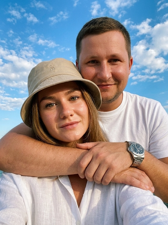Кинематографичный кадр крупным планом (selfie style), пара в объятиях (классическое "обнимашки сзади") на фоне ярко-голубого неба с облаками.  Женщина на ней бежевая панама с брендовой надписью. Её кожа выглядит сияющей, подсвеченной мягким естественным солнечным светом. Выражение лица спокойное, глубокий взгляд, направленный прямо в камеру. Мужчина стоит строго позади девушки и обнимает её сзади, одна его рука обнимает её за плечи/шею спереди — предплечье лежит поперёк её ключиц, кисть свободно свисает с её плеча, на запястье классические серебряные часы с черным циферблатом. Мужчина в белой футболке, выражение лица доброжелательное, его взгляд прямо в объектив. Ракурс сверху, камера сфокусирована на лице девушки. Высокий контраст, насыщенные цвета, мягкая прорисовка деталей кожи. Эффект пленочной фотографии, легкое зерно, атмосфера летнего дня, эстетика социальных сетей. Телефона не видно в кадре.