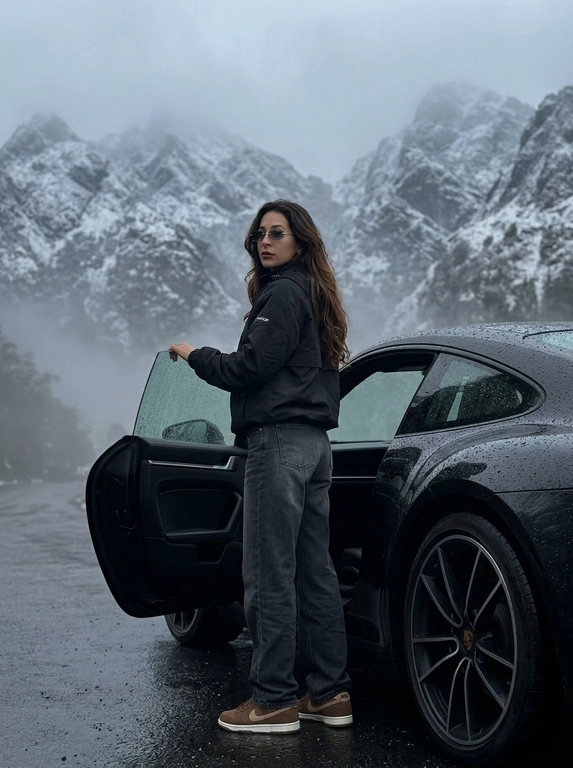Не менять черты лица человека с исходного фото. Человек рядом с стоит рядом с машиной, машина на горной дороге, дорога мокрая от тумана, машина в каплях от тумана. Чёрный анорак Planta Rosa, маленькие чёрные солнцезащитные очки без оправы, мешковатые серо-чёрные джинсы с низкой посадкой, длинные, коричневые замшевые кроссовки Nike Dunk, руки в карманах. Машина без номеров. Фон — гиперреалистичные заснеженные холмы Мегхалайи, без зелени, туманные горы, пасмурный мягкий дневной свет, без размытия, без изменения лица или позы, без дополнительных объектов. Фото снято на iPhone 17 Pro, без фильтров на лице, без ретуши, перспектива снизу, формат 9:16, машина как на исходном фото, фон не размывать, притемнённая экспозиция, открывает дверь машины, стоит спиной, смотрит в камеру, будто сейчас сядет за руль.


Какая будет машина?: Porsche 911 самой последней модели, цвет — чёрный.