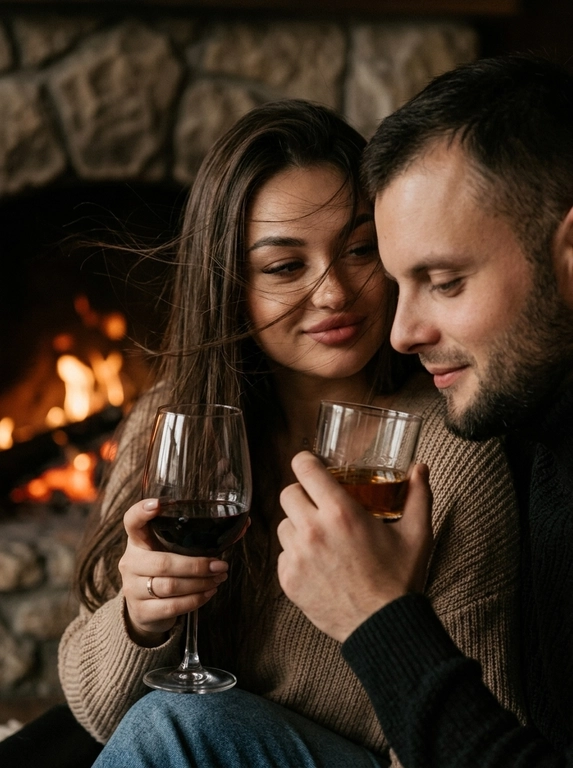 Don't change facial features. A dramatic close-up of a couple against a fireplace: the man on the right, in profile, with half-downcast eyes, looks at a glass in his hand with a slight smile; the woman on the left, holding a glass of wine, looks at her husband. The wind tousles the woman's hair, strands partially covering her face, adding dynamism. Stylish autumn clothes without accents. The woman with a slight smile. The atmosphere is intimate, cinematic, and emotional. Highly detailed skin, natural texture, soft shadows, and muted highlights. Film effect with pronounced grain, matte shadows, Kodak Portra 400 processing. Shot on 85mm in a trendy editorial style.