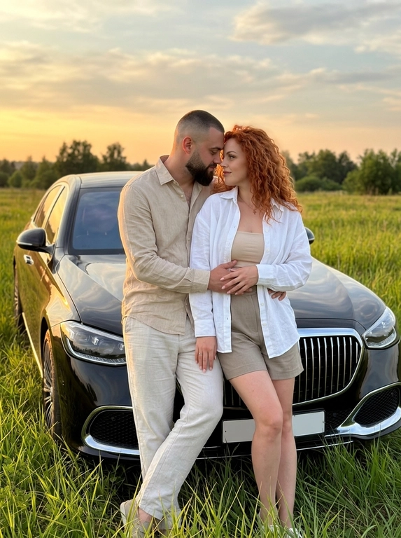 Фотореалистичная lifestyle-фотография пары на природе в эстетике luxury editorial с лёгким вайбом old money. Мужчина и женщина стоят у передней части автомобиля, припаркованного в высокой траве на открытом поле. Сохранить позу, ракурс и композицию как на референсе: автомобиль стоит под углом 3/4 к камере, хорошо видна передняя часть кузова и боковая линия, пара стоит вплотную у переднего крыла и капота.

Мужчина слегка опирается спиной и бедром о переднюю часть автомобиля, корпус расслаблен, одна нога опорная, вторая слегка согнута и выставлена вперёд. Он обнимает женщину обеими руками за талию и спину, мягко прижимая к себе. Голова слегка опущена и наклонена к женщине, взгляд направлен на неё.

Женщина стоит вплотную к мужчине, корпус слегка развёрнут к нему и мягко прижат. Голова слегка наклонена к мужчине и почти касается его груди или подбородка. Поза близкая, спокойная и романтичная. Положение пары должно быть максимально похоже на референс: тесный телесный контакт, объятие у передней части машины, расслабленная естественная стойка.

На мужчине дорогой образ в стиле quiet luxury и soft old money: свободная рубашка из премиального льна или тонкого хлопка в светлом благородном оттенке, с мягкой фактурой и небрежно закатанными рукавами, верхние пуговицы слегка расстёгнуты. Светлые прямые брюки с защипами из дорогой летней ткани, идеальная расслабленная посадка. На ногах минималистичные кожаные лоферы или замшевые мокасины. Образ выглядит сдержанно, статусно и очень дорого.

На женщине дорогой летний образ в эстетике old money casual: белая свободная рубашка из тонкого льна, небрежно накинутая и слегка расстёгнутая, под ней лаконичный облегающий топ-бандо или минималистичный корсетный верх. Снизу — светлые структурные мини-шорты или короткие tailored shorts с высокой посадкой из плотной премиальной ткани. Образ дополняют изящные украшения и дорогой расслабленный силуэт. Одежда выглядит премиально, естественно и очень стильно, без лишней вычурности.

Съёмка проходит на открытом поле с высокой зелёной травой. Время суток — золотой час на закате. Солнце низко у горизонта справа в кадре и создаёт тёплое золотисто-оранжевое свечение. Свет мягко подсвечивает фигуры, волосы, траву и кузов автомобиля. Небо частично покрыто облаками.

Камера расположена на уровне глаз или чуть ниже, ракурс фронтальный, слегка смещён влево, как на референсе. Средний вертикальный кадр. В кадре видны пара почти в полный рост, передняя часть автомобиля, высокая трава и закат на заднем плане.

Тёплая благородная цветовая палитра: золотой закатный свет, натуральные тона кожи, мягкая зелень травы, светлые дорогие оттенки одежды, мягкие тени и премиальные отражения на кузове. Атмосфера спокойная, уединённая, романтичная и кинематографичная. Стиль максимально реалистичный: luxury lifestyle, quiet luxury, soft old money mood, romantic sunset couple portrait, high detail, authentic natural moment, Pinterest luxury aesthetic, ultra realistic.

Какой будет автомобиль?: Они стоят стоят у передней части дорогого премиального седана Mercedes-Maybach S 680 2024 года