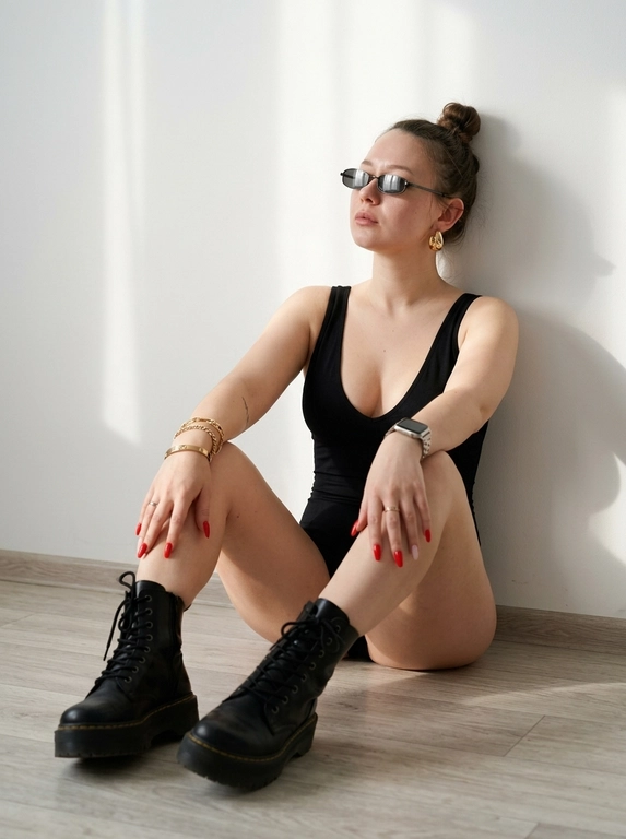 Не меняя внешности женщины с фото: фотореализм, 8K. Женщина сидит на светлом полу у белой стены, расслабленная поза — отклонилась назад, руки на согнутых коленях; мягкий боковой дневной свет, длинные тени. Чёрное облегающее боди с глубоким декольте. Лицо чуть вверх и в сторону, задумчивый взгляд, акцент на глазах и губах. Узкие солнцезащитные очки. Золотые браслеты и массивные серьги-кольца. Массивные чёрные ботинки на очень высокой подошве со шнуровкой. Минималистичный фон, кинематографичная композиция.  Не изменять пол, возраст, внешность и цвет волос.