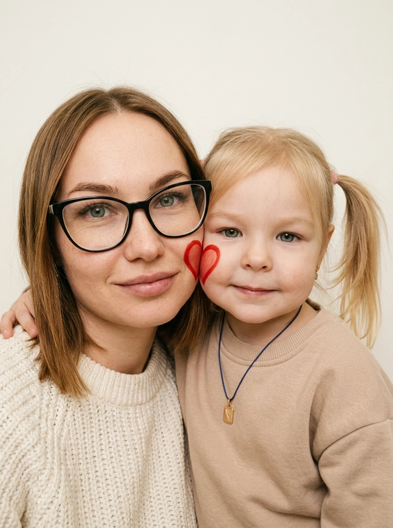 Не меняй внешность и черты лица «вертикальная фотография, мягкий студийный свет с эффектом вспышки, крупный план, умеренный контраст, лёгкая плёночная зернистость, винтажный документальный стиль.
Минималистичный светлый фон (чистая стена).
Родитель (слева) и ребёнок (справа), щёки соприкасаются. На щеке родителя — половина сердца, на щеке ребёнка — вторая, вместе образуют одно сердце.
Оба смотрят в камеру: у родителя спокойная тёплая улыбка, у ребёнка — спокойная тёплая улыбка.


Какая будет одежда?: Естественный внешний вид, уютная светлая повседневная одежда.