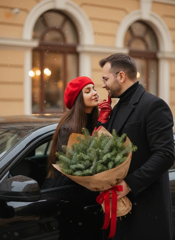 Используй ДВА загруженных фото: мужчина и женщина. Не изменяй лица исходных фото (черты, пропорции, возраст, мимику). Сохраняй естественные телосложения. Очки и аксессуары сохраняй только если есть на исходниках. Делай реалистичную перспективу и тени, избегай «пластиковости». Не меняя внешности людей с фото, в уютном зимнем городском кадре молодая женщина в красном берете и перчатках сидит в открытой двери чёрного автомобиля, её длинные волосы на плечах, она слегка наклонена вперёд с закрытыми глазами. Мужчина в черной водолазке  и пальто черного цвета  поддерживает её за подбородок, с лёгкой бородой, аккуратными волосами и очками, в руке большой букет еловых веток в крафтовой бумаге с красной ленточкой, занимая передний план и создавая праздничную атмосферу. Фон с размытым фасадом здания,...

Из набора: Новогодний photo dump для пары

