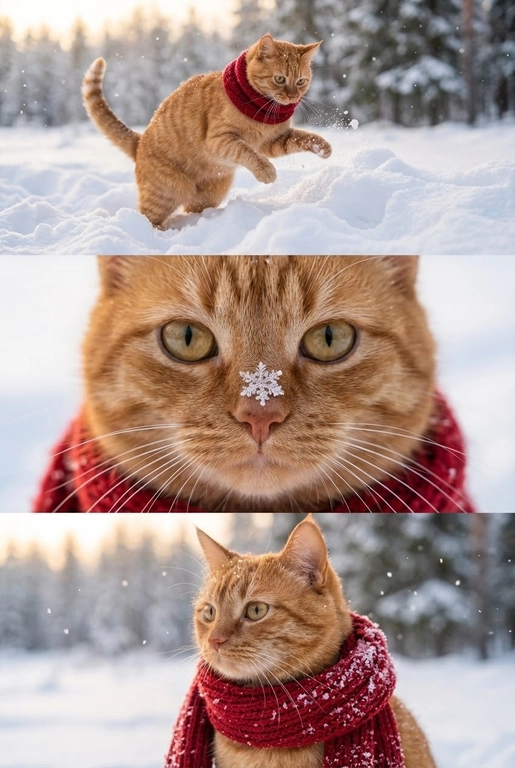     Коллаж из 3-Х фото моего питомца на зимнем фоне в снегу. Питомец в вязаном шарфе, вокруг падает снег, на заднем плане заснеженный лес.

Первый кадр — питомец в полный рост. Он играется со снегом 

Второй кадр — крупный план, увеличенный кадр мордочки питомца с одной снежинкой на носике. Мордочка питомца занимает весь кадр, взгляд прямо в камеру 
 
Третий кадр - портрет питомца, он смотрит в левую сторону. На фото виден шарф, на шарфу есть снежинки 

Три кадра объединены в вертикальный коллаж в едином тоне и свете. Атмосфера — реалистичная, теплая и немного кинематографичная.
Свет мягкий, утренний.  Цвет шарфа - красный 