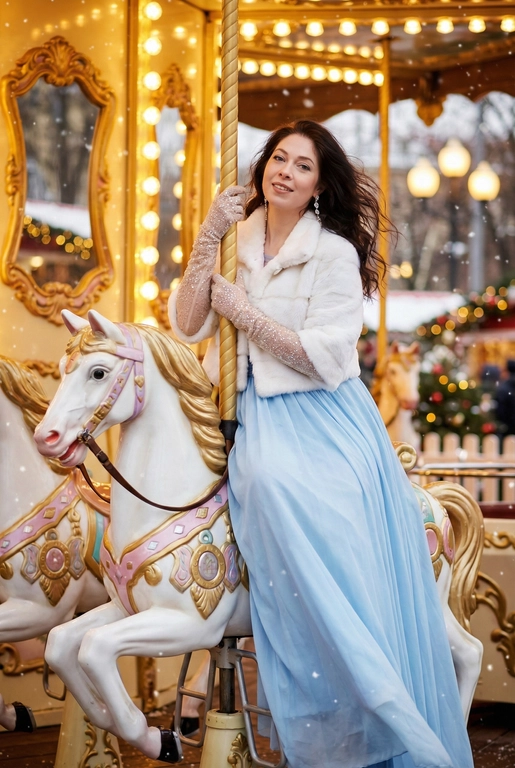   Сказочный праздничный портрет на ретро-карусели, вертикальный кадр до пола. Девушка сидит боком верхом на белой карусельной лошадке с золотыми и пастельно-розовыми декоративными элементами, руками обнимает золотой столб, на ней, уши украшены свисающими серьгами. Волосы распущены и развеваются, лицо слегка повернуто в сторону, выражение расслабленное и радостное. Фон залит тёплым светом гирлянд и лампочек карусели, золотые рамы зеркал и размытые огни парка создают атмосферу роскошной рождественской ярмарки, в воздухе лёгкие снежинки и боке. Гламурный праздничный стиль, насыщенные тёплые тона, мягкое боке, high fashion editorial, 8k, cinematic lighting, shallow depth of field, festive atmosphere. --ar 9:16 --v 6 --style raw --q 2 На ней пышное вечернее платье нежно‑голубого цвета, белый короткий полушубок, на руках блестящие длинные перчатки