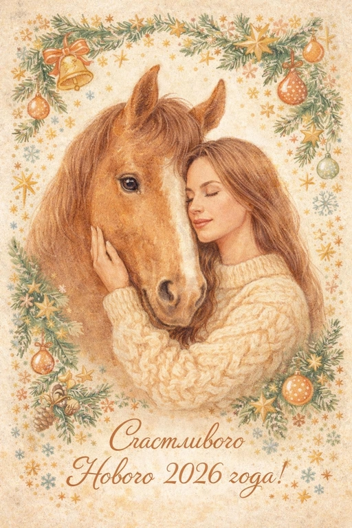 Создай новогоднюю открытку в сказочном, иллюстративном стиле.
Нежная живописная иллюстрация: человек в уютном вязаном свитере обнимает лошадь, прижавшись щекой к её морде. Лошадь спокойная, тёплого рыже-каштанового оттенка, с мягким выражением глаз.
Композиция центральная, фигуры по пояс, ощущение близости, тепла и доверия.
Фон светлый, кремовый, с текстурой старой бумаги.
Вокруг — декоративная рамка из звездочек и новогодних символов в стиле советских и европейских открыток середины XX века.
Цветовая палитра мягкая, пастельная: бежевые, молочные, карамельные, теплые коричневые оттенки.
Лёгкий эффект акварели, мягкие штрихи, ручная иллюстрация, без фотореализма.
Тонкое зерно, эффект печатной открытки, слегка выцветшие краски.
Атмосфера: уют, сказка, тепло, спокойствие, новогоднее чудо.
В нижней части открытки — надпись: «Счастливого Нового 2026 года!»
Шрифт рукописный, элегантный, винтажный, гармонично вписанный в композицию.