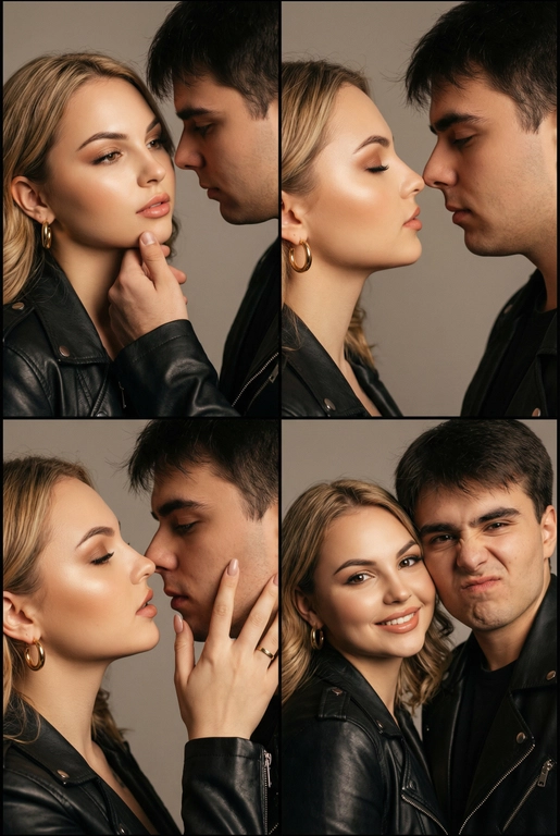 Фотореалистичный кинематографический коллаж в стиле фотобудки 2×2 из четырёх интимных портретов стильной пары крупным планом, расположенных в бесшовной сетке 2×2, на каждом кадре показана разная поза и выражение лица. Лица не меняются.  
  
Вверху слева — крупный план головы и плеч, мужчина нежно обнимает подбородок женщины; вверху справа — интимный профиль «нос к носу»; внизу слева — почти поцелуй с приоткрытыми губами и лёгким касанием щеки пальцами; внизу справа — игривый спонтанный снимок, где женщина смотрит в камеру, а мужчина корчит смешную рожицу.  
  
Обе модели модные и гламурные, тёплый загар с реалистичными бликами, естественная зернистость плёнки и тонкая текстура кожи. Женщина с золотыми серьгами‑кольцами, безупречным гламурным макияжем и блестящими губами; они оба в лёгких черных кожаных куртках; видны ювелирные украшения и фактурные ткани.  
  
Студийный бесшовный светло‑серый фон, мягкий равномерный ключевой свет спереди слева, тёплый вольфрамовый контурный свет справа для разделения, мягкие направленные тени для глубины. Кинематографическая атмосферная цветокоррекция с тёплыми бликами и нейтральными глубокими тенями, эстетика редакционного журнала. Сверхдетализированные пряди волос, реалистичные ресницы и брови, резкие отражения металла и ткани, правдоподобная ретушь журнального уровня, но при этом естественная.