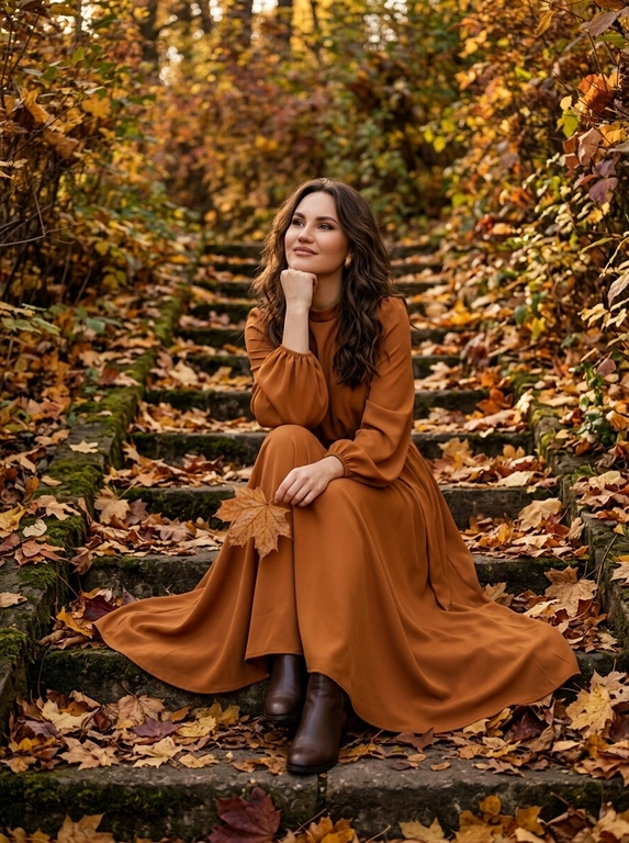 Осенний fashion-портрет женщины на старой каменной лестнице