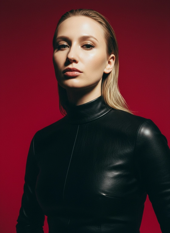 Создай портрет, используя те же черты лица (на основе загруженного фото), характеризующийся резким кинематографическим освещением и интенсивным контрастом. Снятый с немного нижнего ракурса, направленного вверх, что подчеркивает линию подбородка и шеи модели, этот портрет производит впечатление доминантности и скульптурной элегантности. Фон — глубокий, насыщенный малиново-красный, создающий яркий визуальный контраст со сияющей кожей модели и темной одеждой.