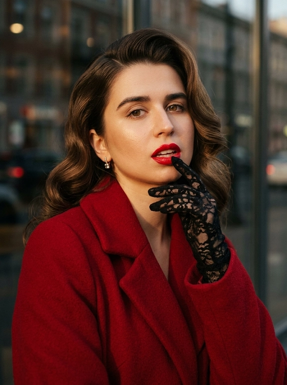 Фотореалистичный fashion-портрет женщины.
Элегантная, уверенная, кинематографичная съемка в стиле high fashion editorial.
Крупный портрет по грудь, легкий поворот корпуса, взгляд прямо в камеру, слегка приоткрытые ярко-красные губы, выразительный макияж с черной стрелкой eyeliner.
На ней ярко-красное пальто с плотной тканью и аккуратным кроем, образ роскошный, дерзкий и женственный.
Одна рука в черной кружевной перчатке поднята к лицу, пальцы слегка касаются подбородка и губ, создавая изысканную позу.
Украшения минимальные, небольшие элегантные серьги.
Съемка через стекло или окно, на переднем плане мягкие размытые отражения и легкие полосы стекла, как у уличной модной фотографии.
Фон темный, размытый, с мягким боке и атмосферой города, но без отвлекающих деталей.
Освещение мягкое, теплое, контрастное, с красивыми тенями на лице, skin glow, естественная текстура кожи, дорогой журнальный стиль.
Цветокоррекция: теплые глубокие оттенки, акцент на красный цвет пальто и губ, благородные темные тени, cinematic mood.
Фото выглядит как дорогая съёмка для модного журнала, ultra realistic, high detail, sharp focus on face, shallow depth of field, 85mm portrait lens, soft film grain, luxury editorial aesthetics.
Негативный промпт
искаженное лицо, другая личность, лишние пальцы, лишние руки, деформированные губы, кривые глаза, плохая анатомия, мультяшность, пластик, чрезмерная ретушь, низкое качество, размытое лицо, шум, пересвет, артефакты, лишние украшения, лишний фон, неестественная кожа, плохой макияж, кривой нос, неправильные пропорции, двойное лицо

Какая будет укладка?: Укладка в стиле ретро-glam: волосы аккуратно уложены в крупные гладкие волны с выраженным объёмом у корней, мягким боковым пробором и глянцевой, ухоженной текстурой. Волны обрамляют лицо и создают элегантный образ в духе классической голливудской съёмки.