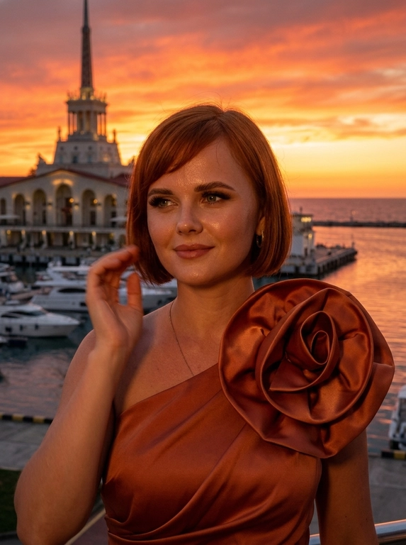 Создай ультрареалистичное изображение в момент глубокого заката. Женщина стоит прямо перед камерой, её взгляд направлен влево, на лице лёгкая улыбка. Голова слегка наклонена к плечу. Правая рука размыта в движении, женщина поправляет волосы у лица. 

Кожа слегка загорелая, с ровным тоном и эффектом влажного сияния. Брови уложены ламинированием. Ресницы густые, пышные, наращённые, с лисьим эффектом. 

На заднем плане морской порт города Сочи, море и здание морского вокзала. Фон не размывай. Вдали море и небо переливаются яркими цветами: огненно-оранжевым, красным и жёлтым у горизонта.

Закатное освещение подчёркивает естественное сияние кожи без резких теней и создаёт тёплую, интимную атмосферу. Фото без вспышки.

Фотореализм, фото снято на Canon G7 X. Нет идеальной симметрии, видна натуральная текстура кожи и поры. RAW photo, плёночное зерно, лёгкая зернистость, без постановочного ощущения. 

Какая будет прическа?: Не менять мою прическу 

Какая будет одежда?: Скульптурный кутюрный топ из плотного шёлка с асимметричным декольте и крупным объёмным цветком на одном плече. Верх подчёркивает линию талии и создаёт выразительный силуэт во фронтальном ракурсе, не перекрывая шею и лицо. Ткань держит форму, мягко отражает закатный свет и выглядит как образ из люксовой вечерней кампании.

Доп. характеристики: Внешность строго без изменений