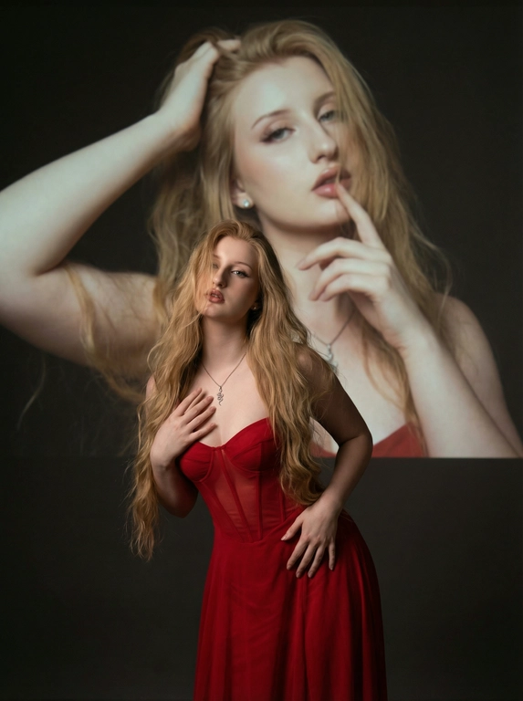       Создайте фотографию женщины в элегантной позе. На ней — слегка прозрачный облегающий корсет и длинное облегающее красное платье. Её чрезвычайно длинные волнистые волосы распущены и волнами спадают, на плечи и спину, частично закрывая лицо, словно прилипая к нему. Одной рукой она касается области груди, а другой — мягко опирается на бедро, что создаёт динамичную позу. Она смотрит с уверенностью и чувственностью. На ней простые серьги.

Эта женщина на переднем плане занимает меньшую часть высоты изображения.

Фон тёмный и минималистичный, с мягкой теневой проекцией той же женщины (в другой позе или в виде абстрактной фигуры) в верхней части изображения. Проекция — естественное цветное изображение женщины, которая представлена значительно крупнее и занимает большую часть верхней части фона. Она выглядит соблазнительно: одной рукой держит волосы, а палец другой руки прижала к губам, смотря при этом соблазнительным взглядом.
Не изменяй черты лица.