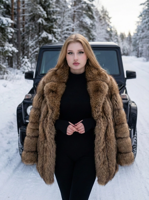 ИИ-фото: женщина в меховой шубе у автомобиля в зимнем лесу