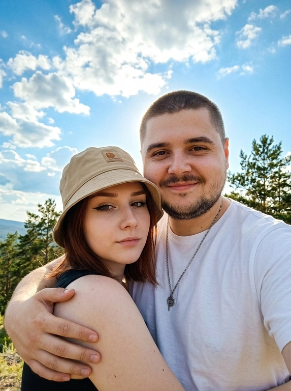 Кинематографичный кадр крупным планом (selfie style), пара в объятиях (классическое "обнимашки сзади") на фоне ярко-голубого неба с облаками.  Женщина на ней бежевая панама с брендовой надписью. Её кожа выглядит сияющей, подсвеченной мягким естественным солнечным светом. Выражение лица спокойное, глубокий взгляд, направленный прямо в камеру. Мужчина стоит строго позади девушки и обнимает её сзади, одна его рука обнимает её за плечи/шею спереди — предплечье лежит поперёк её ключиц, кисть свободно свисает с её плеча, на запястье классические серебряные часы с черным циферблатом. Мужчина в белой футболке, выражение лица доброжелательное, его взгляд прямо в объектив. Ракурс сверху, камера сфокусирована на лице девушки. Высокий контраст, насыщенные цвета, мягкая прорисовка деталей кожи. Эффект пленочной фотографии, легкое зерно, атмосфера летнего дня, эстетика социальных сетей. Телефона не видно в кадре.