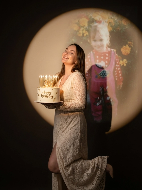Create ultra-realistic cinematic birthday photoshoot, elegant studio with a dark background and a large circular spotlight projection on the wall. Inside the spotlight, a faded vintage childhood photo of the same girl(the reference image 2nd given)appears as a nostalgic memory, slightly transparent with old photo texture and soft blur. In the foreground, the present-day version of the same model (the reference image 1st given)  holding a white birthday cake decorated with gold accents with a “Happy Birthday". 

If the model is a woman, then she is wearing a cream long gown. If the model is a man, he is wearing a suit.

her head tilted back, eyes closed, natural smile,  cinematic shadow cast on the wall, warm soft spotlight lighting.

If the model was a woman, she additionally lifted her leg in an elegant pose.

Доп. характеристики: Добавить свечи на торт 25