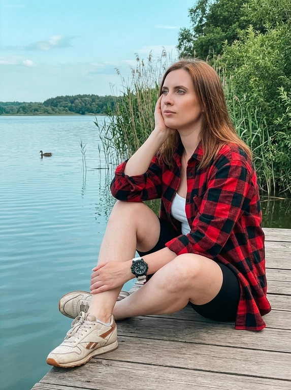 Постановочный портрет на деревянном пирсе у спокойного озера. С одной стороны кадра высокие камыши и густая зелёная листва, в верхний угол кадра свисает ветка дерева с листьями. Перед женщиной простирается спокойная гладь озера, вдали виден берег, покрытый деревьями, под бледно-голубым небом с мягкими белыми облаками. Вдалеке по поверхности воды плывёт утка. Естественный дневной свет со слегка прохладной цветовой палитрой с бирюзовым оттенком. Весь кадр полностью резкий, без размытия фона.

Поза:

Она сидит на самом краю деревянного пирса, подтянув обе ноги к себе. Одно колено поднято немного выше, второе расположено перед ним. Лодыжки свободно скрещены и подтянуты к корпусу. Корпус слегка развёрнут в сторону озера и немного наклонён вперёд. Одна рука согнута в локте, локоть опирается на поднятое колено, ладонь мягко поддерживает щёку. Вторая рука расслабленно лежит поверх второго колена, кисть естественно свисает вперёд. Голова слегка наклонена в сторону руки. Взгляд направлен вдаль на озеро. Поза выглядит спокойной, расслабленной и задумчивой, словно фотография была сделана в случайный момент отдыха у воды.

На запястье бело-чёрные спортивные часы с прочным массивным корпусом. Других украшений нет. 

Выражение лица спокойное и задумчивое. Губы мягко сомкнуты с лёгким естественным нейтральным выражением. Одна бровь расслаблена. Взгляд направлен в сторону озера, создавая ощущение глубокой задумчивости. Длинные густые объёмные ресницы с эффектом fox-eye.

губы с прозрачным нейтральным глянцевым блеском. Мягкие тени естественных нейтральных оттенков, аккуратно оформленные брови, лёгкий естественный контуринг. Кожа имеет ровный естественный загар. Ультрареалистичная текстура кожи с хорошо различимыми порами и естественным микрорельефом.

Камера и ракурс:

Постановочный, но выглядящий естественно снимок, сделанный с небольшого расстояния, камера расположена немного выше уровня глаз модели и слегка направлена вниз под естественным углом. Вертикальное кадрирование включает модель целиком в сидячей позе, деревянный пирс, озеро и противоположный лесистый берег. Композиция выглядит естественной, как случайно сделанная фотография на iPhone. Весь кадр полностью резкий, без размытия фона.

Стиль:

Реалистичная фотография, снятая на iPhone. Прохладная цветокоррекция с лёгким бирюзовым оттенком, приглушённые зелёные цвета и мягкие голубые оттенки неба, естественный контраст, лёгкое плёночное зерно, непринуждённая лайфстайл-эстетика, эстетика Pinterest, высокая детализация и ощущение настоящей фотографии из жизни.

Какая будет одежда?: На ней объёмная фланелевая рубашка свободного кроя, расстёгнутая и слегка спущенная с одного плеча, под ней лаконичная облегающая майка. Внизу короткие велосипедки из плотной матовой ткани. На ногах винтажные кожаные кроссовки с контрастными вставками и светлой подошвой. Образ выглядит непринуждённо, немного гранжево и естественно сочетается с деревянным пирсом и лесным озером.
