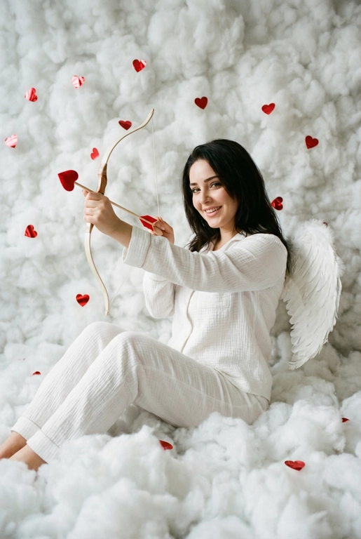 Использовать реальные черты лица человека с референса, естественную текстуру кожи и настоящий цвет и длину волос. Личность должна оставаться неизменной.

Y2K. Сказочная сцена с купидоном, сфотографированная как реальный момент.
Человек сидит среди плотных, пушистых белых облаков, которые полностью заполняют передний, средний и задний план, образуя бесшовную белую среду с многослойной глубиной.

Поза вполоборота: корпус слегка повернут вбок, одно плечо выдвинуто вперед, как будто человек натягивает и отпускает небольшой лук с красной стрелой в форме сердца; руки подняты с легким напряжением, указывающим на движение при выстреле.

Несмотря на поворот тела, голова повернута к объективу, взгляд направлен прямо в камеру. Выражение лица радостное и игривое, с мягкой улыбкой.

Наряд — простая белая пижама: свободная рубашка и брюки из муслина.
На спине — крылья из белых перьев, настоящие и фактурные, с четкими бликами по краям каждого пера.

Вокруг объекта в воздухе хаотично летают только конфетти в форме сердечек — маленькие красные сердечки из глянцевой фольги, расположенные на разном расстоянии: часть в переднем плане, часть растворяется среди облаков.

Без рассеянного света, без мягкого свечения, без студийного глоу.
Текстура кожи реалистичная и детализированная, без сглаживания и без фильтров.
Тонкая зернистость, волшебное, но искреннее ощущение Y2K-редакции — выглядит как фотография, а не визуализация.