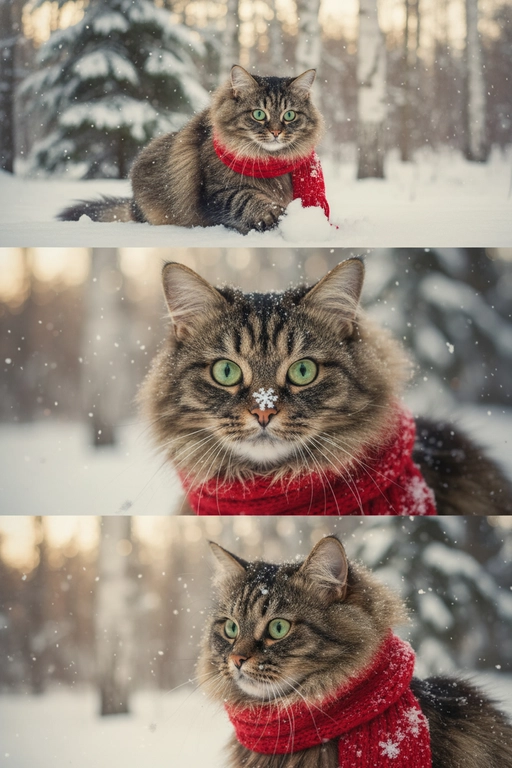     Коллаж из 3-Х фото моего питомца на зимнем фоне в снегу. Питомец в вязаном шарфе, вокруг падает снег, на заднем плане заснеженный лес.

Первый кадр — питомец в полный рост. Он играется со снегом 

Второй кадр — крупный план, увеличенный кадр мордочки питомца с одной снежинкой на носике. Мордочка питомца занимает весь кадр, взгляд прямо в камеру 
 
Третий кадр - портрет питомца, он смотрит в левую сторону. На фото виден шарф, на шарфу есть снежинки 

Три кадра объединены в вертикальный коллаж в едином тоне и свете. Атмосфера — реалистичная, теплая и немного кинематографичная.
Свет мягкий, утренний.  Цвет шарфа - красный 