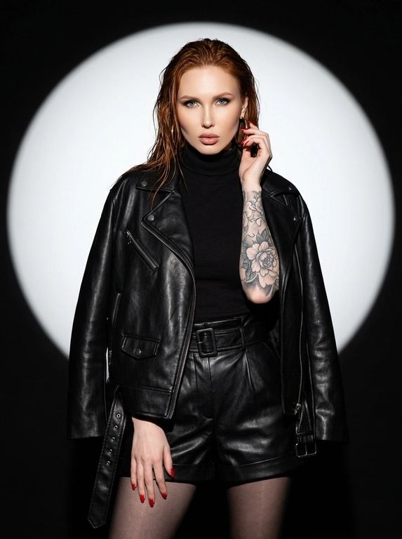 Фотография дерзкая и стильная студийная сцена в эстетике "fashion editorial".
Тип кадра: Поясной портрет (Medium shot). Женщина стоит в центре кадра; поза уверенная, одна рука изящно поднесена к лицу, касаясь серьги, вторая расслаблена; взгляд прямой, пронзительный и серьезный; эмоция — холодная уверенность и самообладание.
Одежда: Черная кожаная куртка-косуха оверсайз с металлической фурнитурой (молнии, заклепки), надетая поверх черной водолазки; кожаные шорты с высокой талией и ремнем; черные полупрозрачные капроновые колготки. Ткань куртки имеет мягкий матовый блеск и естественные заломы на сгибах.
Локация: Минималистичная фотостудия с черным фоном, на котором выделяется яркое круглое пятно света.
Освещение: Контрастное освещение типа "спотлайт" (прожектор), направленное спереди; создает четкий световой круг за спиной модели и отбрасывает глубокую, резкую тень на фон; на лице и одежде видны выразительные светотеневые переходы.
Камера: Профессиональная съемка на 85mm объектив, обеспечивающий идеальные портретные пропорции без искажений.
Глубина резкости: Модель находится в резком фокусе; фон за пределами светового пятна уходит в глубокую черную пустоту.
Макияж: Драматичный вечерний макияж; выразительные "smoky eyes" в темных тонах, четко очерченные брови и матовая помада.
Детали: Ярко-красный маникюр на длинных ногтях; крупные золотые серьги-кольца; металлический блеск молний на куртке; тонкое кольцо на пальце.
Атмосфера: Роковая, сильная, графичная и подчеркнуто модная.

Доп. характеристики: На волосах эффект мокрых растрепанных волос