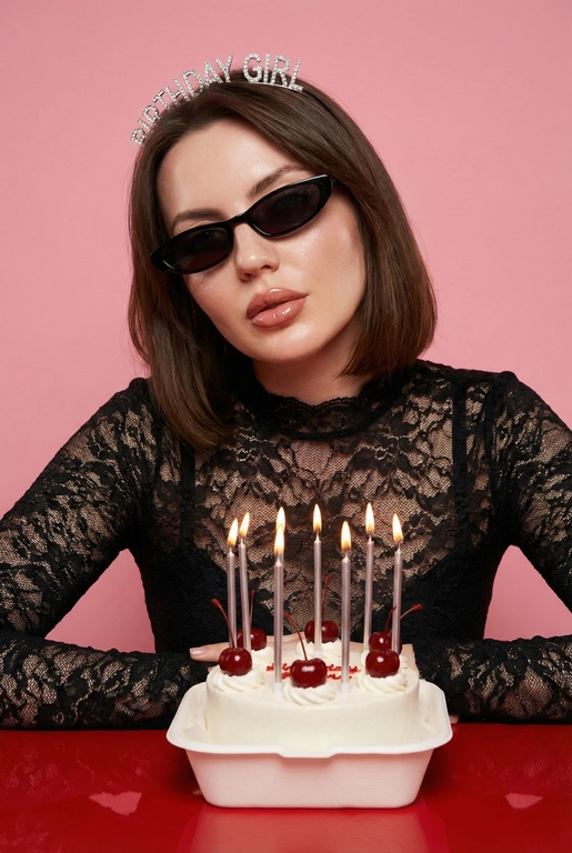 Стильная fashion-фотосессия в студии с розовым фоном. Женщина сидит за красным столом, перед ней белый маленький бенто-торт с вишенками.  На торте тонкие серебристые зажженые свечки. Она в чёрном кружевном топе с длинными рукавами. На голове диадема с надписью “Birthday Girl”, на глазах чёрные узкие солнцезащитные очки. Макияж глянцевый, акцент на губах, чёткий контур, ухоженная кожа.
Женщина слегка наклонила голову в сторону, смотрит в камеру. Настроение кадра — дерзкий день рождения, fashion editorial, ironic glamour. Мягкий студийный свет, ровное освещение без жёстких теней, высокая детализация кожи, чистая композиция. Крупный план / средний план, фокус на лице, без искажений. Профессиональная фотосъёмка, модная журнальная эстетика.