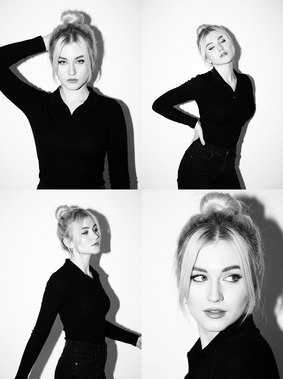 Коллаж ч/б, коллаж 2×2 из 4 ультрареалистичных фото. Стиль: ч/б, high contrast, эстетика плёнки 90-х (Pentax K1000 + Kodak Tri-X 400), заметное film grain. Свет: жёсткий студийный flash, чёткая тень на белой стене. Локация: минималистичная студия, белый фон. Модель: та же женщина (внешность не менять). Одежда: чёрный облегающий лонгслив-поло + чёрные джинсы. Макияж: matte sculpted — контуринг, пухлые губы с карандашом, густые ресницы, высокая детализация лица. Кадры: 1. верх-лево — портрет по грудь, рука за головой, прямой уверенный взгляд (Vogue 1995 vibe). 2. верх-право — план по бёдра, руки на талии, изогнутый корпус, голова назад или вбок, half-closed eyes. 3. низ-лево — полупрофиль в движении, разворот головы и корпуса, dreamy взгляд в сторону, тень профиля. 4. низ-право — close-up, голова к плечу, игривый взгляд исподлобья, фокус на глазах и губах. Не менять лицо и цвет волос. Фото сделано на iPhone 17 Pro Max со вспышкой.


Какая будет прическа?: Небрежный высокий пучок в стиле бомбшелл 90-х, объём у корней, удлинённая чёлка-шторка