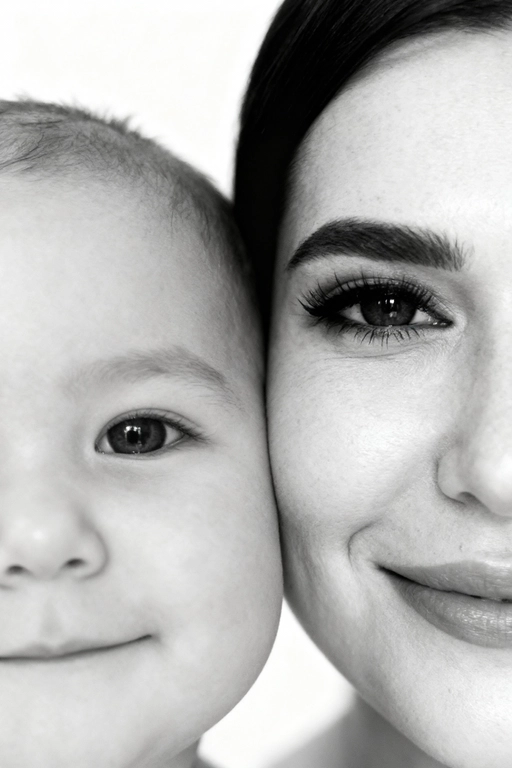Сверхреалистичная черно-белая художественная фотография 8K женщины и ребенка, снятая очень крупным планом, щека к щеке так что видны только правая половина лица женщины и левая половина лица ребенка. которые смотрят в камеру. Их лица расположены рядом, почти соприкасаясь, образуя идеально сбалансированную симметричную композицию. Каждая деталь передана с фотографической точностью: тонкая текстура кожи и плавные градиенты света и тени. Видимая половина женщины включает ее бровь, один глаз , часть ее носа, щеку и губы, слегка приоткрытые в нежной, естественной улыбке, Видимая половина ребенка включает один глаз , круглую мягкую щеку, часть носа и небольшую улыбку, Фон белый и слегка размытый, что подчеркивает эмоциональную близость между ними. Освещение мягкое и рассеянное, создает деликатный контраст и тональную глубину. На снимке запечатлены нежность, близость и связь между матерью и ребенком, запечатленные с потрясающей реалистичностью. Не меняй черты лиц. 