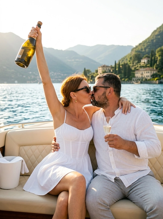 Реалистичная летняя lifestyle-фотография пары, отдыхающей на катере на фоне горного озера. Кадр поясной, пара по центру, точка съёмки на уровне их груди, лёгкий наклон камеры. Поза радостная и романтичная: пара сидит вплотную друг к другу на мягком кремовом стёганом сиденье катера, корпуса развёрнуты друг к другу. Они слились в нежном поцелуе — губы сомкнуты, глаза прикрыты, выражения счастливые и беззаботные, candid-момент. Женщина левой рукой триумфально подняла вверх высоко над головой бутылку шампанского, торжественный жест празднования; правая рука обвивает плечо мужчины. Мужчина одной рукой обнимает женщину за талию, в другой руке держит у груди бокал-флейту с игристым. На обоих стильные тёмные солнцезащитные очки. Женщина одета в белое летнее мини-платье из лёгкого хлопка на тонких бретелях с корсетным верхом, мягкой драпировкой на груди и пышной расклешённой юбкой. Мужчина в белой льняной рубашке свободного кроя с длинными рукавами и светло-серых брюках. Украшения женщины: маленькие золотые серьги. Макияж естественный летний: ровный сияющий тон, лёгкий персиковый румянец, мягкие тёплые тени, тушь, мягко прорисованные брови, нюдово-розовая помада с лёгким блеском. На сиденье катера слева стоит белое ведёрко для льда с белой салфеткой. Фон: широкая панорама итальянского горного озера в стиле озера Комо — мерцающая голубая водная гладь с солнечными бликами, на дальнем плане поросшие зеленью горные склоны с виллами и кипарисами, ясное светлое небо. Свет: тёплое мягкое солнце золотого часа сзади-сбоку, создаёт выраженный контровой свет, золотистые блики на воде, волосах, коже и тканях, мягкое летнее свечение. Атмосфера праздничная, романтичная, гламурная, благородная, отпускная. Стиль: реалистичная lifestyle-фотография в эстетике соцсетей, чистые тёплые натуральные цвета, лёгкая плёночная фактура, малая глубина резкости, резкий фокус на лицах. Снято на 35mm f/2.2.