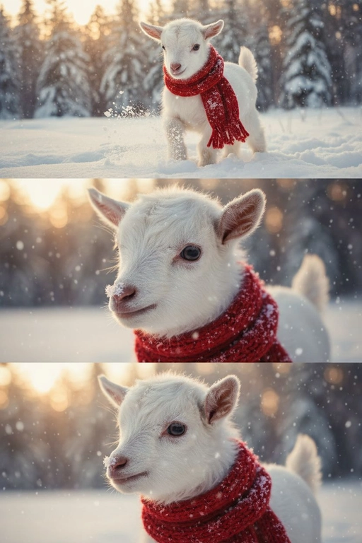     Коллаж из 3-Х фото моего питомца на зимнем фоне в снегу. Питомец в вязаном шарфе, вокруг падает снег, на заднем плане заснеженный лес.

Первый кадр — питомец в полный рост. Он играется со снегом 

Второй кадр — крупный план, увеличенный кадр мордочки питомца с одной снежинкой на носике. Мордочка питомца занимает весь кадр, взгляд прямо в камеру 
 
Третий кадр - портрет питомца, он смотрит в левую сторону. На фото виден шарф, на шарфу есть снежинки 

Три кадра объединены в вертикальный коллаж в едином тоне и свете. Атмосфера — реалистичная, теплая и немного кинематографичная.
Свет мягкий, утренний.  Цвет шарфа - красный 