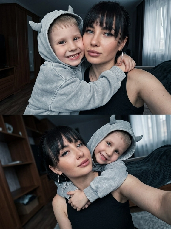 Дорогой lifestyle момент, но снят случайно, как сторис без каких либо табличек. Фотореализм, фото снято на iPhone 17 Pro Max, нет идеальной симметрии нет постановочного ощущения. Кожа выглядит сияющей. видно текстуру кожи, поры, RAW photo. Не меняя внешности людей с фото, модель делает селфи, сцена запечатлена в интимной домашней атмосфере с мягким рассеянным светом, создающим глубокие, но мягкие тени, которые подчеркивают объем и придают объятиям тепло и уют. В кадре ребенок  в светло-сером вареном оверсайз худи с очень объемным капюшоном, который имеет две выступающие детали, напоминающие  рожки; он обнимает модель за плечи, его руки мягко, но крепко охватывают её. Ребенок повернут лицом к камере, в выражении улыбки.

Если модель - женщина, то она одета в черную майку без рукавов, в ушах — большие круглые серьги, которые деликатно сверкают в приглушенном свете. Если модель - мужчина, то он одет в черную футболку. 

Модель повернута слегка в сторону, сохраняя спокойное и уверенное выражение лица четко очерченные брови. Обе фигуры занимают центральное пространство кадра, что усиливает эмоциональную связь между ними, проявленную в нежном объятии и теплых взглядах. Фон интерьера скромный и темный, с ненавязчивыми элементами мебели, частично затененный, что не отвлекает от главных героев, но добавляет глубины и создаёт ощущение домашнего уюта. Тон цветокоррекции выдержан в прохладных серо-синих гаммах с легкими акцентами на теплые оттенки кожи, что придаёт изображению кинематографичную, искреннюю и мягкую атмосферу, полную внутреннего тепла и близости, фотореалистичное изображение, высокая текстурная детализация, высокое качество 
Фото коллаж
Вертикальный, разные позы на фотографии верхней и нижней, но на обоих фотографиях модель делает селфи, одежда должна быть одинаковой.
Негативный промт: телефон в кадре.