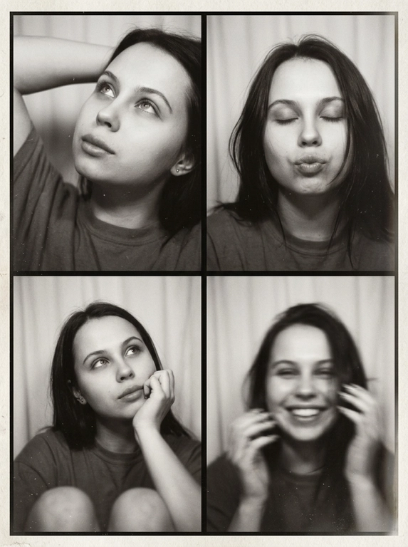 Photorealistic black-and-white vintage photobooth collage made of four frames in a 2x2 grid, separated by thin black dividers and surrounded by a slightly uneven paper border. Each frame shows the same woman in an intimate studio/photobooth setting against a plain light backdrop, captured with an authentic analog look: heavy film grain, soft contrast, halation, dusty scan artifacts, subtle scratches, and mild vignetting. Overall feel: 1990s/ early-2000s editorial photobooth print, raw and unretouched, candid "caught-between-moments" mood.
Use the uploaded photo as the basis and preserve the woman's face, makeup, likeness, and all original features without changing proportions or shape; keep natural facial micro-detail, pores, and subtle asymmetry, preserve the original head size.
Frame 1 (top-left): tight close-up, head tilted up and to the left, eyes looking upward, one arm raised behind the head, dreamy
Frame 2 (top-right): medium close-up, eyes closed, head slightly tilted, she subtly pushes/pouts her lips forward to show them (soft pout), calm playful mood; hair framing the face.
Frame 3 (bottom-left): medium close-up, seated with knees softly out of focus at the bottom, chin resting on one hand, gaze looking up to the right, thoughtful expression.
Frame 4 (bottom-right): medium close-up, the woman is laughing, but the frame is strongly blurred-heavy motion blur/defocus as if she moved during the shot; smile and face still recognizable, edges smeared, hair and hands noticeably streaked, imperfect photobooth misfire energy.
Print/scan look: monochrome with warm gray tones, slightly faded blacks, uneven exposure between frames, faint light leaks, paper texture visible, edges not perfectly straight, like a scanned photobooth print. High resolution, but intentionally imperfect, analog realism.