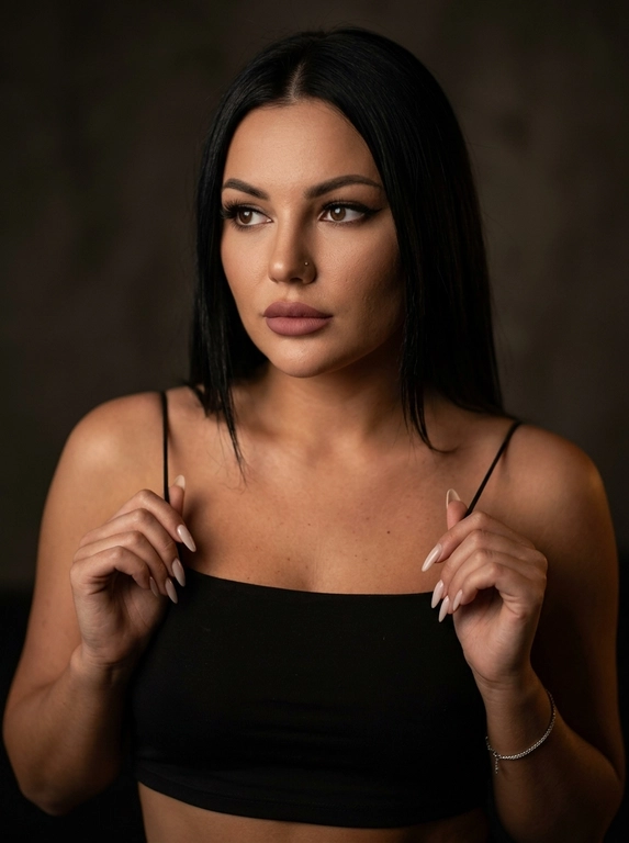 Максимально реалистичная фотография в стиле moody boudoir editorial, передающая атмосферу интимности, чувственности и приглушенного драматизма.
Крупный план по пояс (waist-up shot / close-up). женщина позирует в полумраке, придерживая руками края одежды. [Поза/взгляд/эмоция]: Плечи слегка приподняты, руки с длинным светлым маникюром сжимают тонкие бретели черного топа; голова немного повернута в сторону, взгляд задумчивый и отведен в сторону; выражение лица томное, загадочное и уверенное.
Вечерний «glam» выразительные стрелки, густо накрашенные ресницы, создающие эффект «кошачьего взгляда», мягкий контуринг лица и матовая помада цвета пыльной розы.
Облегающий черный кроп-топ на очень тонких бретелях-спагетти. Материал — матовая эластичная ткань. На запястье виден изящный серебряный браслет.
Минималистичный интерьер в темных тонах. Фон однотонный, слегка текстурированный, уходящий в глубокую тень, что создает эффект камерности.
 Низкий ключ (low-key lighting). Мягкий, теплый направленный свет падает сбоку, подчеркивая рельеф ключиц, линию плеч и текстуру кожи. Глубокие, кинематографичные тени создают объем и драматичное настроение.
 85mm f/1.4, идеальное фокусное расстояние для портрета, создающее минимальные искажения и сильное размытие фона. Очень малая глубина резкости; фокус идеально наведен на глаза и лицо модели, в то время как плечи и руки уходят в мягкое расфокусирование.
Гиперреалистичная текстура кожи: видны поры, естественный блеск на выступающих частях лица и плеч. Отсутствие «пластикового» эффекта ретуши.
 текстура ткани топа под пальцами, тонкие волоски на макушке, мягкий градиент тени на стене.
Эстетика «dark feminine energy», интимная, теплая и дорогая атмосфера (expensive moody vibe).

Какая будет прическа?: Прямой волос без челки
