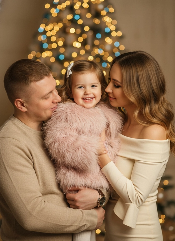 Создано с помощью сервиса Создать фото в режиме PRO

Промпт пользователя:
Создай портрет, не меняя черты лица. Уютный семейный портрет в преддверии Рождества. пара — мужчина и женщина — нежно обнимают  ребенка . Девочка 2 лет находится в центре кадра, она радостно улыбается и смотрит в камеру. У неё волнистые волосы,  украшенным белой  заколкой. Она одета в объемную пудрово розовую шубку из пера страуса.Мягкое, теплое освещение. На заднем плане — размытая рождественская елка с золотистыми и голубыми огнями (эффект боке). Цветовая гамма выдержана в светлых, бежевых и кремовых тонах. Высокое разрешение, реалистичное фото, стиль профессиональной студийной съемки.
Детали: Мужчина одет в бежевый джемпер, на руке видны стильные наручные часы с темным циферблатом. Женщинас длинными , волнистыми коричневыми волосами,  в светлом платье с открытыми плечами и длинным рука...

#новыйгод #рождество #праздник #женщина #мужчина #совместное #ребенок #тренды #иисервис
