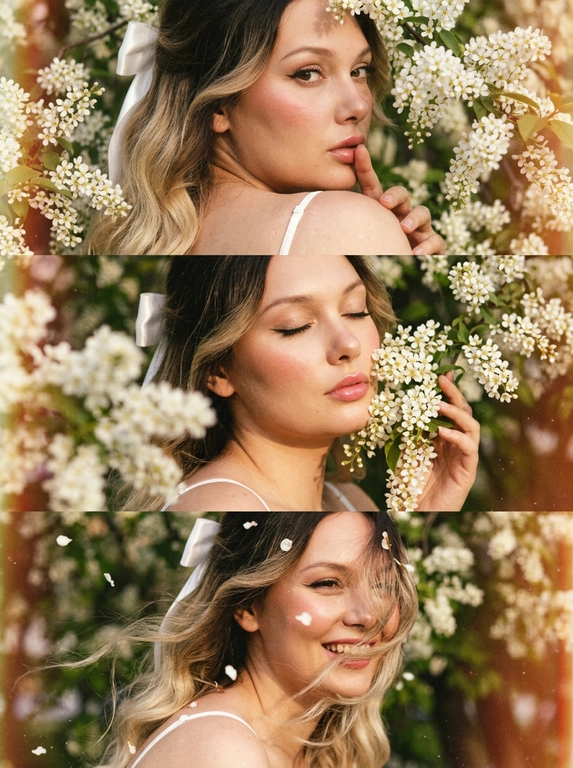 Создай  триптих из трёх кадров, расположенных под друг другом все кадры — крупный план (close-up portrait), единая стилистика и цветовая палитра. Весенняя атмосфера, цветущая черёмуха. Лицо освещено мягким боковым светом. Акцент на макияже глаз — изящные стрелки. Кожа светится естественным сиянием. Волосы мягко подсвечены контровым светом.
Макияж — свежий ретро-гламур: тонкая стрелка, аккуратно подчеркнутые ресницы, нежно-розовые губы с мягким блеском, лёгкий румянец.  Одежда - видны фрагменты белого верха на тонких бретельках.
Кадр 1 (верхний)
Экстремально крупный план лица со спины.  Она стоит спиной к камере, голова повернута в сторону плеча, палец касается губ под ветвями цветущей черёмухи. Нежные белые соцветия обрамляют лицо.
Кадр 2 (средний)
Крупный план, она закрывает глаза и слегка касается ветки черёмухи у щеки. Лепестки частично в фокусе на переднем плане.
Кадр 3 (нижний)
Крупный портрет в движении — лёгкий поворот головы, волосы развеваются от ветра падая на лицо и скрывая его часть, несколько лепестков черемухи в воздухе и в волосах, корпус наклонен к камере она смеется.
Стиль и обработка всех кадров:
Сцена имеет эстетику винтажного фильма с мелким зерном. 
все три фото фото залито солнечным светом, сильное плёночное зерно, тёплая винтажная цветокоррекция, лёгкая засветка по краям кадра, высокая детализация кожи, естественная текстура, гармоничная композиция триптиха.

Прическа:: Мягкие объёмные волны в стиле 70-х, естественный прикорневой объём, часть волос собрана сзади атласной белой лентой завязанной на бантик, два локона спереди обрамляют лицо.