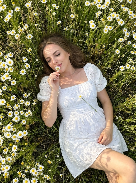 Shot on iPhone 16 Pro Max, phone is not visible in the frame.
Ultra-realistic smartphone photo, no flash, no CGI, no Al look, realistic pores and skin texture. woman lying in a dense chamomile field. Camera positioned directly above her in an almost perfectly vertical top-down angle. Full-body composition from head to knees. Body placed diagonally: head toward the upper left corner, legs toward the lower right.
Surrounded by hundreds of white chamomile flowers. Eyes closed, soft relaxed half-smile. One hand raised to her face, gently holding a chamomile stem so the flower touches her lips.
Calm, poetic atmosphere. Hair spread around her head across the grass and flowers, with a few loose strands on the cheeks and forehead. Ultra-short romantic white peasant-style dress with oversized off-shoulder puff sleeves, square neckline with front ties, voluminous layered skirt, textured broderie anglaise cotton. The skirt is lifted slightly by a gentle breeze.
Open shoulders, collarbones and legs visible. A fallen chamomile flower rests on the dress. Bright sunny daylight creates lace-like shadows from flowers and stems across the dress, face, arms and legs. Entire frame filled with chamomile flowers, green stems and wild grass. Natural iPhone colors, rich greens, clean whites, warm daylight, slightly increased contrast.
Pinterest countryside editorial aesthetic.