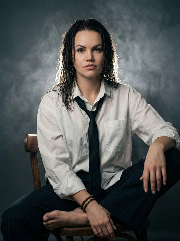 Ультрареалистичный кинематографичный студийный портрет женщины, сидящей на деревянном стуле.
Образ: женщина с влажными, слегка растрёпанными волосами, нейтральное выражение, мягкий взгляд в камеру.
Одежда: оверсайз белая рубашка на пуговицах, слегка мятая, небрежно завязанный чёрный галстук, тёмные брюки в тонкую полоску.
Поза: расслабленная посадка — одна нога согнута на стуле, рука лежит свободно, непринуждённая подача.
Сцена: минималистичная студия с тёмным нейтральным фоном, наполненным дымом.
Освещение: драматичный кинематографичный свет — сильный контровой источник создаёт светящийся контур по мокрым волосам, мягкий ключевой свет на лице, деликатные тени, высокий контраст.
Атмосфера: дымный воздух, мягкая диффузия, приглушённые тона, слегка десатурированная палитра.
Цветокоррекция: холодные серые оттенки с тёплыми акцентами на коже, плёночный контраст.
Фокус: резкость на глазах и лице, мягкий спад резкости на фоне, малая глубина резкости.
Камера: объектив 50 мм, f/1.8, студийная съёмка, высокая детализация, мягкое зерно.
