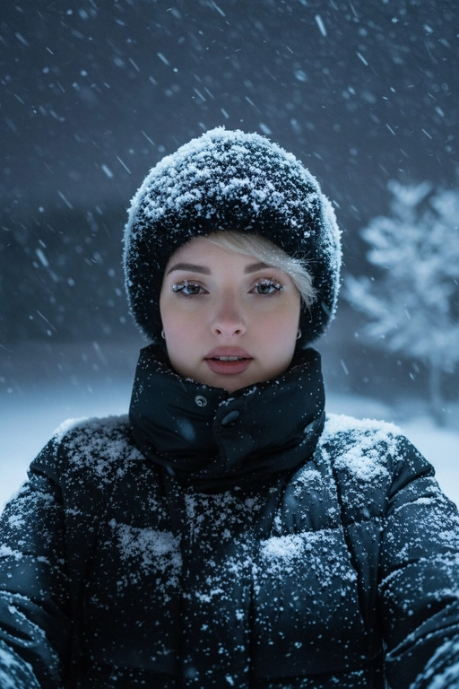 Селфи крупным планом, сделанное ночью на улице во время сильного снегопада. У женщины выразительные волосы и выразительные глаза, на ресницах и волосах которой лежат снежинки. На ней зимняя шапка из искусственного меха, почти полностью покрытая снегом, и пуховая куртка, припорошённая снегом на плечах и воротнике.
Освещение: мягкий холодный ночной свет сверху и немного спереди, создающий лёгкое свечение на щеках и лёгкие блики на куртке.
Поза: она держит камеру чуть ниже уровня глаз, уверенно снимая своё лицо снизу вверх; губы слегка приоткрыты, выражение лица спокойное, но выразительное. Фон: тёмное зимнее ночное небо, едва заметные ветви деревьев, слегка покрытые инеем, минимальная видимость для создания драматического настроения. Атмосфера: холодная, кинематографичная, с чистой зимней энергией; стильный современный снежный портрет с естественной текстурой и деталями. Шапка и куртка черного цвета.