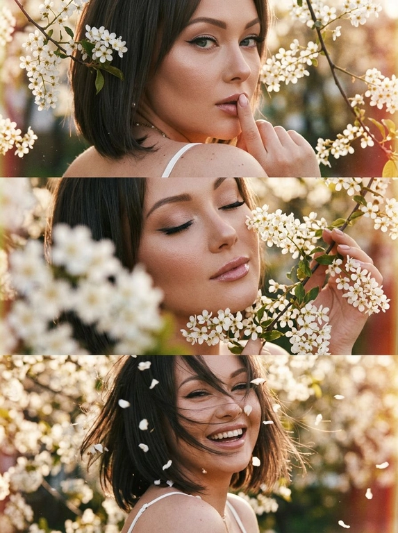 Создай  триптих из трёх кадров, расположенных под друг другом все кадры — крупный план (close-up portrait), единая стилистика и цветовая палитра. Весенняя атмосфера, цветущая черёмуха. Лицо освещено мягким боковым светом. Акцент на макияже глаз — изящные стрелки. Кожа светится естественным сиянием. Волосы мягко подсвечены контровым светом.
Макияж — свежий ретро-гламур: тонкая стрелка, аккуратно подчеркнутые ресницы, нежно-розовые губы с мягким блеском, лёгкий румянец.  Одежда - видны фрагменты белого верха на тонких бретельках.
Кадр 1 (верхний)
Экстремально крупный план лица со спины.  Она стоит спиной к камере, голова повернута в сторону плеча, палец касается губ под ветвями цветущей черёмухи. Нежные белые соцветия обрамляют лицо.
Кадр 2 (средний)
Крупный план, она закрывает глаза и слегка касается ветки черёмухи у щеки. Лепестки частично в фокусе на переднем плане.
Кадр 3 (нижний)
Крупный портрет в движении — лёгкий поворот головы, волосы развеваются от ветра падая на лицо и скрывая его часть, несколько лепестков черемухи в воздухе и в волосах, корпус наклонен к камере она смеется.
Стиль и обработка всех кадров:
Сцена имеет эстетику винтажного фильма с мелким зерном. 
все три фото фото залито солнечным светом, сильное плёночное зерно, тёплая винтажная цветокоррекция, лёгкая засветка по краям кадра, высокая детализация кожи, естественная текстура, гармоничная композиция триптиха.

Прическа::  Не менять прическу человека на фото.