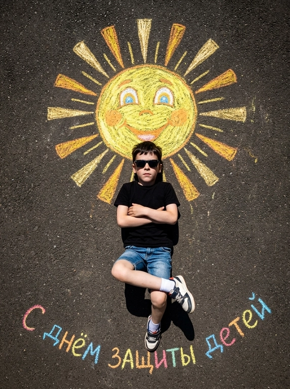 Top-down shot of a child lying on dark grainy asphalt. A bright chalk-drawn sun with radiant rays is drawn above the child’s head. The child is wearing black sunglasses, a black t-shirt, denim shorts, and sneakers with white socks. Arms crossed on chest, legs bent and crossed at ankles. Vibrant chalk sun texture in yellow, orange, and warm golden tones. Harsh midday sunlight, sharp shadows, high contrast. Summery playful atmosphere. On the asphalt below, colorful chalk lettering reads "С днем защиты детей". Photorealistic, 8k, highly detailed texture.