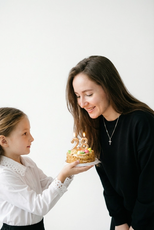 Фотореалистичный портрет в минималистичном стиле: на белом чистом фоне стоят взрослый человек и маленький ребёнок. Ребёнок держит торт и протягивает его взрослому человеку, чтобы он задул свечи с цифрой «». Фото выполнено с лёгкой зернистостью.
Атмосфера уюта, тишины и нежности. Высокая резкость, естественные пропорции, реалистичная фотография, художественный стиль.

28