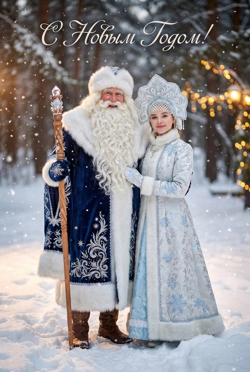 Фотореалистичный, 8K, высокодетализированный, портрет пары в полный рост, одетой как реалистичные Дед Мороз и Снегурочка, кинематографическое освещение, детализированные текстуры, резкий фокус, профессиональная фотосъемка. Сцена: Зачарованный зимний лес в золотой час, глубокий нетронутый снег, крупные мягкие снежинки, теплые боке-светильники на заднем плане, волшебная и интимная атмосфера. Дед Мороз: человек с добрым, радостным лицом и искренней улыбкой. Длинная, густая, реалистичная белая борода и брови. Шапка с мехом. Роскошное платье из темно-синего бархата с замысловатой серебряной вышивкой (морозные узоры, звезды). Отделано настоящим белым мехом (лиса/горностай). Держит в руках богато украшенный деревянный посох с хрустальным/серебряным наконечником. В высоких кожаных сапогах. Снегурочка: девочка с лучезарным, нежным выражением лица в традиционном русском кокошнике, украшенном серебряной филигранью и кристаллами. Длинное, элегантное парчовое пальто-платье зимних пастельных тонов (белый, серебряный, бледно-голубой) с вышивкой в ​​виде снежинок, отделанное пушистым мехом. Изящные украшения. Взаимодействие: Естественные, теплые позы. Они смотрят в камеру. Стиль: Съемка на объектив 85 мм, малая глубина резкости, видны детали кожи, четкая текстура ткани, праздничное настроение. Сверху над головами надпись красивым шрифтом с завитками. Текст надписи: С Новым Годом!