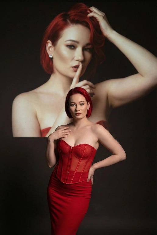 Создайте фотографию женщины в элегантной позе. На ней — слегка прозрачный облегающий красный корсет и длинное облегающее красное платье. Одной рукой она касается области груди, а другой — мягко опирается на бедро, что создаёт динамичную позу. Она смотрит с уверенностью и чувственностью. На ней простые серьги.
Эта женщина на переднем плане занимает меньшую часть высоты изображения. На ней — слегка прозрачный облегающий красный корсет и длинное облегающее красное платье.
Фон тёмный и минималистичный, с мягкой теневой проекцией той же женщины (в другой позе или в виде абстрактной фигуры) в верхней части изображения. Проекция — естественное цветное изображение женщины, которая представлена значительно крупнее и занимает большую часть верхней части фона. Она выглядит соблазнительно: одной рукой держит волосы, а палец другой руки прижала к губам, смотря при этом соблазнительным взглядом.
Не изменяй черты лица. Не менять мою прическу