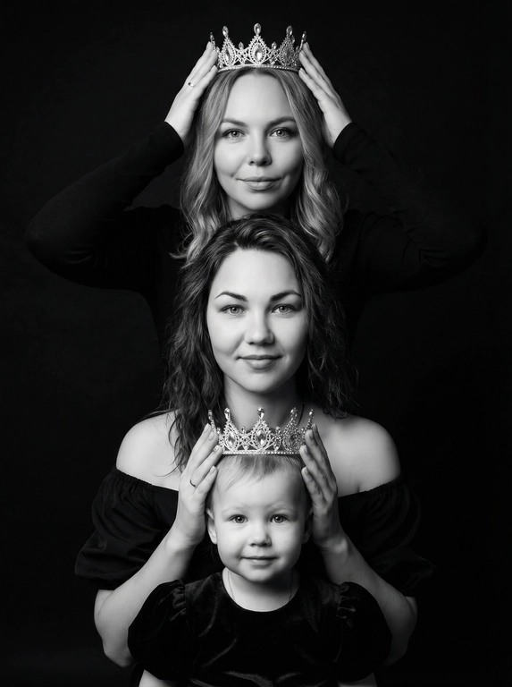 Это студийный портрет, выполненный в драматичном черно-белом стиле. Фон черный. В кадре три женщины разного возраста: две женщины и один ребёнок. Они расположены вертикально друг над другом, образуя «башню». Каждая женщина одета в темную одежду, у всех одежда разного стиля. Верхняя женщина в топе с длинными рукавами, у нее корона на голове . Следующая в платье с открытыми плечами. И ребёнок в платье с рукавами-фонариками.
У каждой на голове корона, которую предыдущая женщина держит руками. Все смотрят в камеру с нежным выражением лица, с лёгкой улыбкой Освещение мягкое, акцент сделан на лицах. Цветовая гамма монохромная, с преобладанием черного и серебристого (от корон). Атмосфера торжественная и немного загадочная. Не меняй черты лица, цвет волос и цвет глаз.

