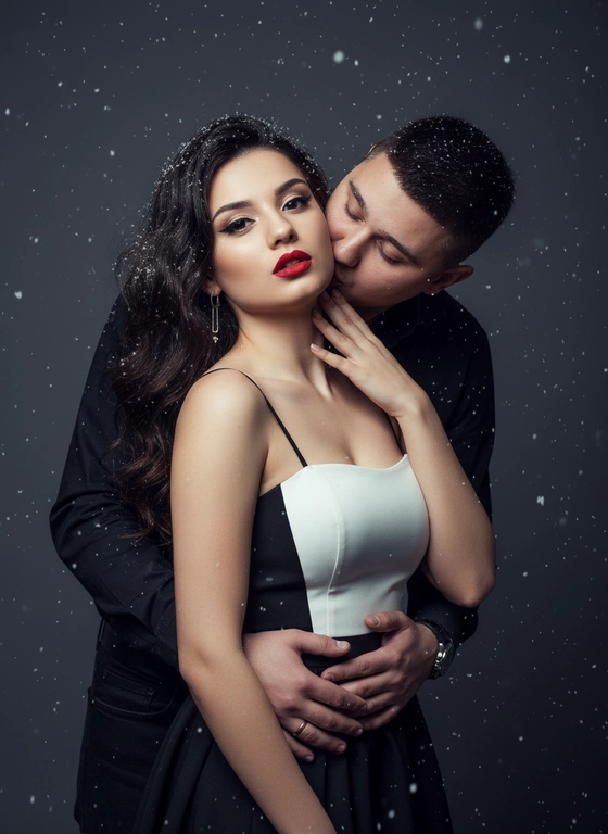 Промпт: Создай студийный крупными планом гламурный парный портрет девушки крупным планом тоже самое лицо, глаза, губы на фоне фото студийная фотосессия.  У девушки волосы распущены и падая мягкими волнами на плечи,в ушах минималистические сережки. На ней белое черное платье на брительках. Безупречный макияж , подчеркнутые брови, сияющая кожа у девушки,лисья стрелки, красная матовая помада . Рядом стоявший мужчина одет в черную рубашку,в  черных джинсах.  Стоя за спиной девушки, прижав к себе, одной рукой держа за живот, второй за шею,девушка откинув голову назад, позволяя мужчине целовать себя в шею.
Идёт снег, снег на волосах и одежде 
Взгляд  девушки соблазнительный смотря в камеру,приоткрыв пухлые губы
Фон-темно серый 
Освещение ровное,подчеркивающее тусклые -холодных теней.