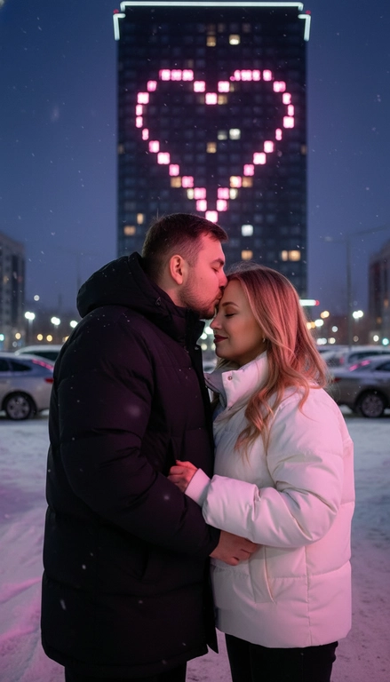 Создай не меняя черты лица. Романтический снимок пары, стоящей на заснеженной городской улице поздним вечером. Главный объект – крупный план пары: мужчина в черной кожаной дутой зимней куртке нежно целует женщину в белой дутой куртке в лоб, она стоит с прикрытыми глазами, улыбаясь. За ними возвышается массивный современный жилой небоскреб, на фасаде которого окна на нескольких этажах подсвечены ярким  светом, формируя огромное пиксельное сердце. Освещение драматичное, контрастное, с преобладанием холодных тонов в небе и тёплого, неонового розового свечения от здания. Снег на земле отражает свет. Урбанистическая, зимняя, кинематографическая фотография, атмосферный кадр.