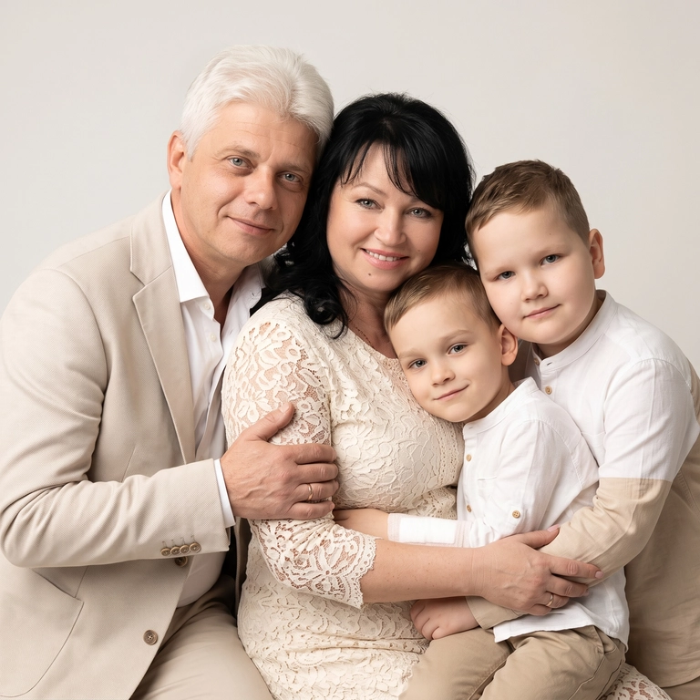 use this/these photos

Выберите стиль фото: : Кадр из профессиональной фотосессии в студии, где запечатлен момент семейный близости . Сделай так, чтобы все они смотрелись гармонично и трогательно. Люди одеты в светлые образы, подходящие по стилю фотосессии. Женщины в платьях. Освещение холодное. Фон светлый, бесшовный. Фото в стиле Энни Лейбовиц, четкий фокус. Люди смотрят в камеру с мягкой улыбкой.  Средний план.