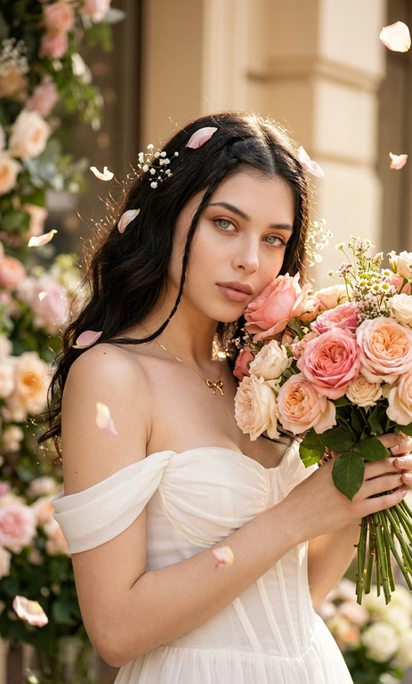 Beauty-портрет девушки с букетом у цветочного бутика