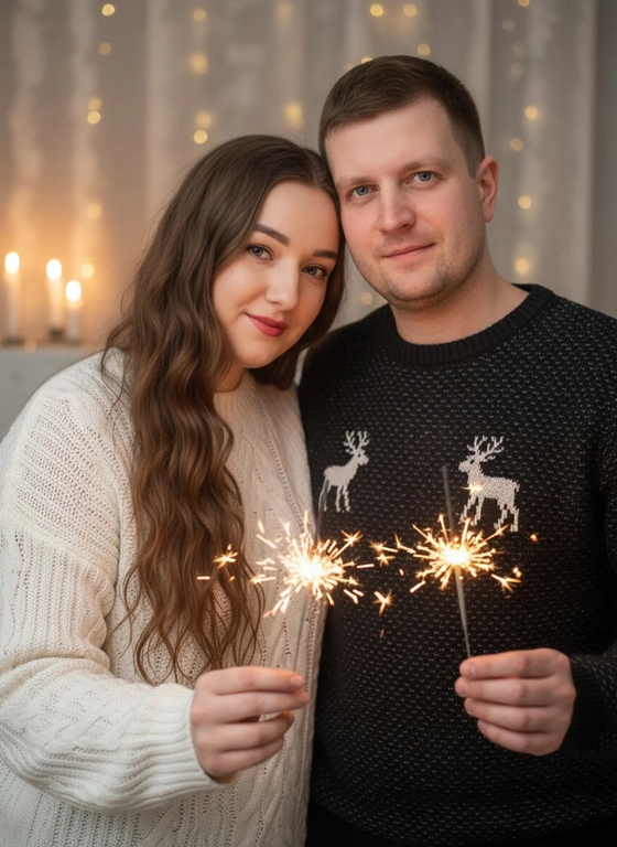 Используй ДВА загруженных фото: мужчина и женщина. Не изменяй лица исходных фото (черты, пропорции, возраст, мимику). Сохраняй естественные телосложения. Очки и аксессуары сохраняй только если есть на исходниках. Делай реалистичную перспективу и тени, избегай «пластиковости». Не меняя внешности людей с фото, запечатлена пара в теплой атмосфере. Женщина слегка наклонила голову к мужчине, лица близко, оба смотрят в объектив с лёгкой улыбкой, сохраняя естественные черты. Женщина в уютном белом свитере с выразительной вязкой, видна текстура ткани при мягком рассеянном свете. Мужчина в черном свитере с мелким фактурным узором и маленькими оленями, облегающем фигуру. Освещение — мягкий вечерний свет с огненными бликами от бенгальских огней в их руках, свет играет на лицах и одежде, создавая тёплые тени и подсветку. Прическа у женщины волнистые локоны, длина волос до середины спины. Макияж легкий. Лицо мужчины не утолщай, не делай полным.
