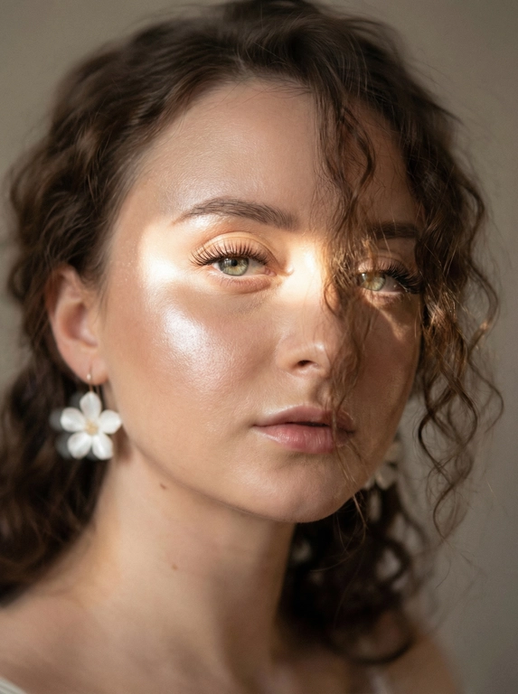 Кинематографический эффект с добавлением зерна. Ультрареалистичный, экстремально крупный портрет части лица девушки: на неё падает солнечный свет полосой, освещая глаза; её голова немного повёрнута в сторону. Тело подсвечено хайлайтером. Макияж лёгкий, с насыщенным хайлайтером; ресницы длинные, пышные. Она смотрит в камеру со спокойным, созерцательным выражением. Освещение мягкое, с лёгким акцентом на её лицо, создаёт нежные тени и подчёркивает черты. В ушах — серьги в виде белых цветов. Фон минималистичный и нейтральный, что усиливает спокойную и элегантную атмосферу. Фото смазанное, как будто сделано в движении, с двойной экспозицией.


Какая будет прическа?: Волосы кудрявые, частично падают на лицо.