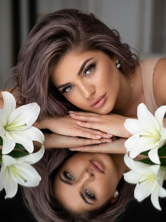Фотореалистичный студийный beauty-портрет в эстетике дорогой рекламной кампании люксового косметического бренда. Минималистичная студия с глубоким матовым чёрным фоном. Перед моделью идеально гладкий чёрный зеркальный стол с чистым отражением лица, рук и цветов.

Женщина спокойно лежит на животе, корпус расположен немного по диагонали. Плечи расслаблены. Лицо находится почти вплотную к поверхности стола. Голова слегка наклонена вправо и мягко опирается щекой на сложенные кисти рук. Правая кисть лежит под щекой, левая свободно расположена сверху. Руки направлены по диагонали вдоль нижней части лица, пальцы расслабленные и естественно вытянутые. Лицо практически параллельно поверхности стола. Взгляд направлен прямо в объектив. Выражение спокойное, уверенное и слегка отстранённое. Губы мягко расслаблены.

В одном ухе небольшая изящная серьга с прозрачными бриллиантами. На модели минималистичный топ телесного оттенка с тонкими бретелями, почти полностью скрытый кадрированием.

Макияж выполнен в стиле luxury beauty campaign. Идеально ровный естественный тон кожи с деликатным сатиновым финишем. Лёгкий контуринг мягко подчёркивает скулы и овал лица. Нежные бежево-тауповые тени с плавной растушёвкой создают выразительную глубину взгляда. Верхнее межресничное пространство аккуратно затемнено, тонкая мягкая стрелка практически незаметна. Длинные, густые, идеально разделённые ресницы с объёмной премиальной тушью. Брови натуральные, аккуратно уложенные, с мягкой архитектурой и естественной густотой. На внутренних уголках глаз едва заметное сияние. Скулы подчёркнуты деликатным сатиновым хайлайтером без крупных блёсток. Губы объёмные, идеально очерченные пыльно-розовым карандашом, покрыты полупрозрачной розово-бежевой помадой с дорогим увлажняющим глянцевым финишем.

По обе стороны лица расположены две крупные полностью раскрытые белые лилии. Цветы находятся очень близко к объективу, частично выходят за границы кадра и создают симметричное обрамление лица. Их отражение полностью повторяется на зеркальной поверхности стола.

Большой мягкий источник света расположен спереди и немного слева от камеры. Освещение дорогое, объёмное и контролируемое, как в премиальной рекламе Dior Beauty, Estée Lauder или Tom Ford Beauty. Свет равномерно освещает лицо, создавая деликатные блики на скулах, переносице, губах и зеркальной поверхности, сохраняя глубокие чистые чёрные тени по краям кадра.

Камера расположена очень близко, примерно в 30-40 см от лица, немного выше поверхности стола и направлена вниз примерно под углом 15-20°. Очень плотный портрет beauty crop. Лицо занимает почти всю ширину кадра. Верх головы и часть предплечий слегка выходят за границы изображения. Отражение лица почти полностью заполняет нижнюю половину кадра. Ракурс максимально близкий, слегка заниженный, без ощущения съёмки сверху.

Снято на полнокадровую камеру, объектив 105 mm, f/2.8. Идеально резкий фокус на глазах, губах и отражении лица. Ближайшие лепестки цветов слегка смягчены глубиной резкости. High-end beauty campaign, luxury skincare advertising, premium cosmetics editorial, дорогая журнальная рекламная съёмка, максимальный фотореализм, естественная текстура кожи, натуральный объём лица, мягкое плёночное зерно, без пластиковой ретуши, без AI-глянца, без текста и водяных знаков.

Какая будет прическа?: Не менять мою прическу